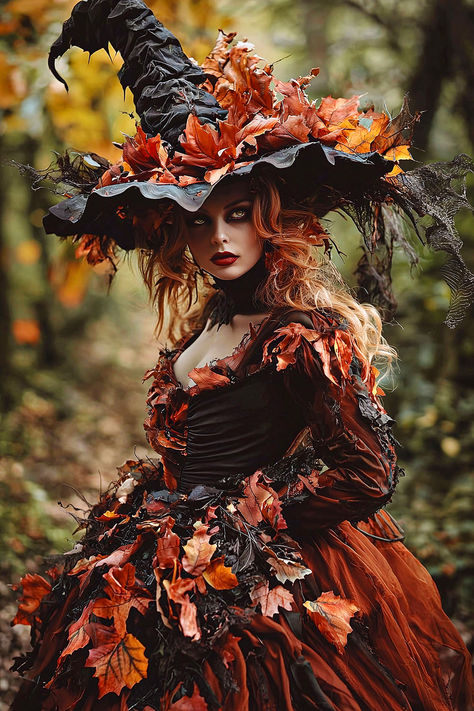 In autumn’s embrace, the witch does appear, Her gown of leaves whispers, "Halloween is near." With magic and mystery in the night’s cool air, This bewitching art brings a spooky flair. Hang her high, let the enchantment begin, For in her gaze, the magic lies within.  #HalloweenDecor #WitchPoster #SpookyArt #AutumnAesthetic #DarkFantasy #HalloweenPoster #GothicArt 1950s Witch Costume, Autumn Costume Ideas, Beautiful Witch Aesthetic, Autumn Witch Costume, Autumn Magic Witch, Autumn Witch Art, Witches Outfits Ideas, Fall Witch Aesthetic, Earth Witch Aesthetic