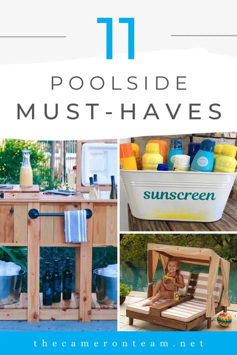 Pool Patio Organization Ideas, Pool Deck Must Haves, Inground Pool Must Haves, Backyard With Pool Decorating Ideas, Patio And Pool Decorating Ideas, Functional Pool Area, Outdoor Pool Decorating Ideas, Bathroom For Pool Area, Outdoor Pool Organization Ideas