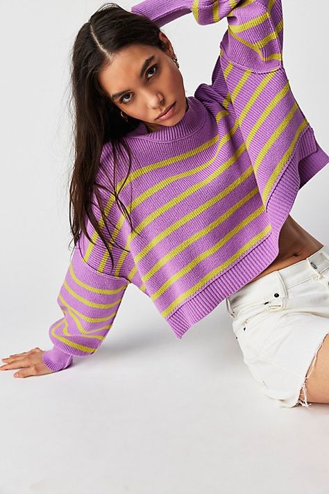 So classic in stripes, this forever essential pullover sweater is featured in a slouchy, cropped silhouette and ribbed knit fabrication with mock neckline, defined seaming, and slightly exaggerated sleeves for added shape. **Fit:** Slouchy, cropped fit **Features:** Mock neckline, striped print, dropped shoulders, defined seaming, exaggerated hems **Why We | Easy Street Stripe Crop Pullover by Free People in Purple, Size: L Crop Pullover, Exaggerated Sleeves, Oversized Jumper, Sweater Oversize, Knitwear Fashion, Long Sleeve Pullover Sweater, Maxi Dress Cocktail, Yarn Sizes, Easy Street