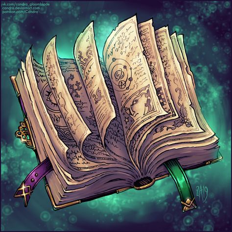 Spellbook, Candra Gloomblade on ArtStation at https://www.artstation.com/artwork/QzRrgx Fantasy Spellbook Art, D&d Spellbook, Fantasy Objects Magic, Magic Scroll Fantasy Art, Dnd Book Art, Grimoire Book Fantasy Art, Magic Books Fantasy Concept Art, Spell Book Dnd, Spellbook Fantasy Art