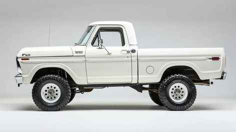 The image shows a white 1970s Ford F-100 pickup truck. It has a regular cab and a long bed ->> more details in ai-img-gen.com Truck Lifted, Baja Trucks, Baja Truck, Short Bed, Long Bed, Off Road Tires, Regular Cab, Ford Truck, Pickup Truck