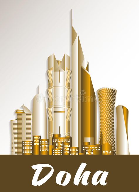 City of Doha Qatar Famous Buildings vector illustration Qatar Illustration, Music Academy, Building Illustration, Canvas Paint, Famous Buildings, Doha Qatar, Travel Locations, Wood Work, Doha