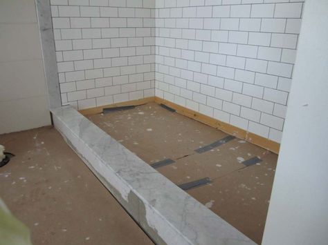 Marble shower threshold. Solid slab thresholds and jambs can be found ready-made / in bulk at  builder supply centres Shower Threshold Ideas, Threshold Ideas, Shower Threshold, Shower Curb, Small Shower Room, Shower Renovation, Bathroom Remodel Cost, Marble Showers, Shower Floor Tile