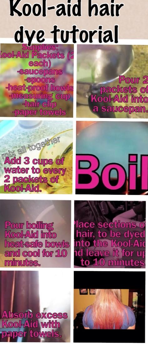 Kool-aid hair due tutorial Kool Aid Hair Dye, Hair Dye Tutorial, Kool Aid Hair, Toner For Blonde Hair, Hair Growth Spray, Hair Due, Hair Supplies, Kool Aid, Vintage Hair