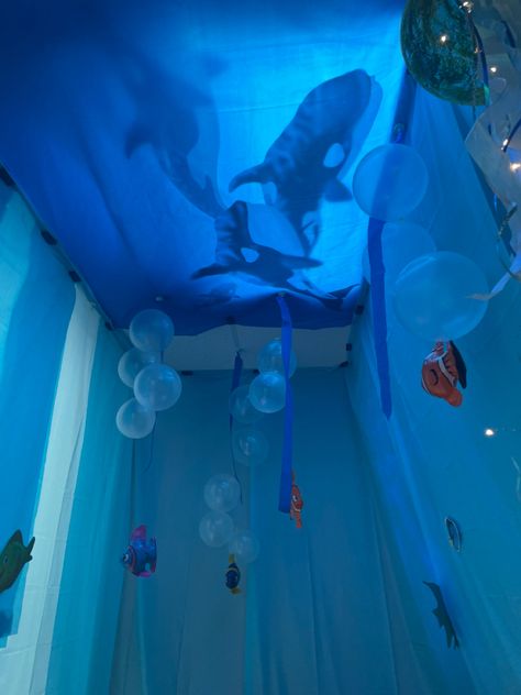 Ocean, whales, relaxing, reading center, light Ocean Themed Rooms Aesthetic, Ocean Theme Room Aesthetic, Under The Sea Room Aesthetic, Aquatic Theme Bedroom, Deep Ocean Themed Bedroom, Ocean Ceiling Decoration, Ocean Bedroom Themes, Aquatic Themed Bedroom, Underwater Bedroom Aesthetic