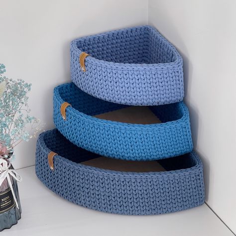 This stylish crochet triangular basket is perfect for placing on a corner shelf or in the corner of a closet. The basket is practical and allows you to use the space in the corner.   Triangular storage can fill all the empty corners of the house.  The walls of the basket are strong and hold their shape perfectly. Baskets will decorate your home and will be a wonderful gift to your family and friends The basket is knitted from cotton 100 % ecological yarn. Every item is absolutely handmade. At th Crochet Organizer Basket, Crochet Practical Gifts, Crochet Organizer Storage Ideas, Crochet Desk Accessories, Crochet Rectangle Basket, Kitchen Shelf Organizer, Crochet Bathroom, Corner Basket, Crochet Organizer