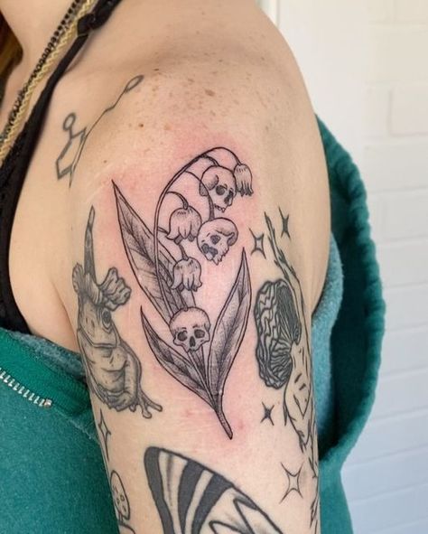 Leg Placement Tattoo Women, Upper Arm Patchwork Tattoos For Women, Ghost Of The Valley Tattoo, Lily Of The Valley Skull Tattoo, Skull Flower, Lily Of The Valley With Skulls Tattoo, Lilly Of The Valley Skull Tattoo, Victorian Tattoo Vintage, Side Calf Tattoos For Women