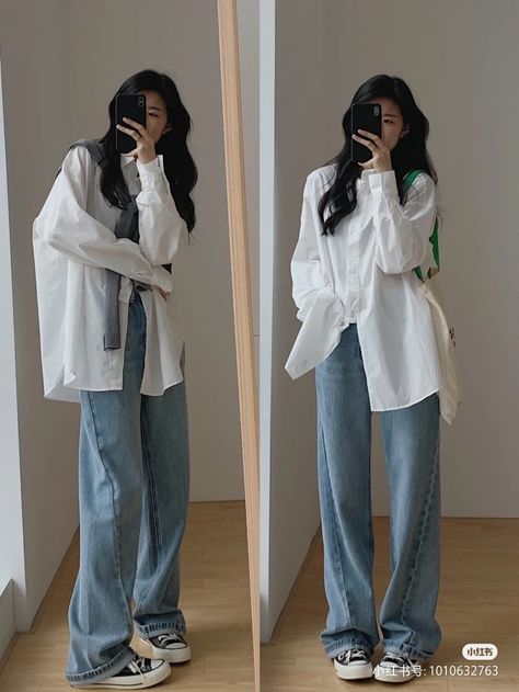 White T Shirt And Blue Jeans Outfit, Styling Simple Clothes, White Shirt Outfit Korean, Minimalist Ootd, Vintage Outfits Classy, Hijabista Fashion, Korean Fits, White Shirt Outfits, Simple Casual Outfits