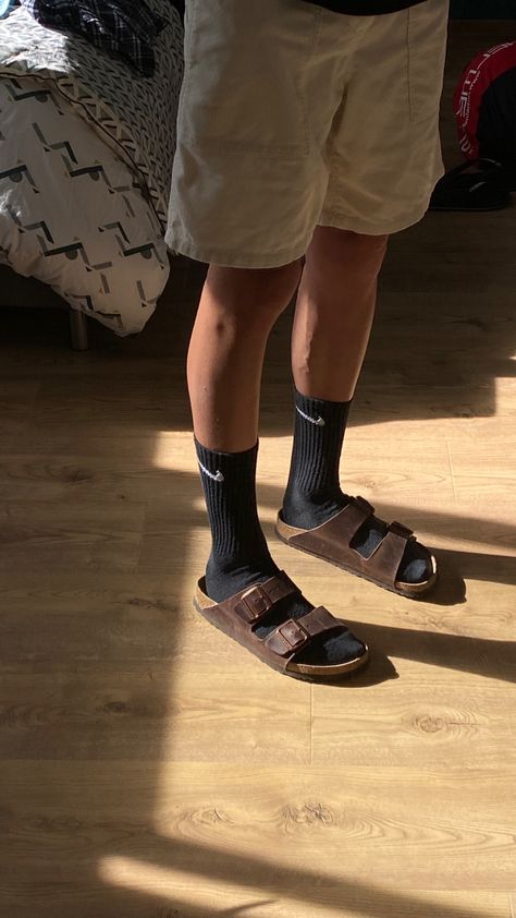 ig : charlie.bvt Mens Socks And Sandals, Guys In Birkenstocks, High Socks Outfits Sneakers, Men Socks Outfit, Socks Outfit Sneakers, Birkenstock Arizona Outfit, Crocs Outfit Men, Birkenstock Sandals Outfit, High Socks Outfits