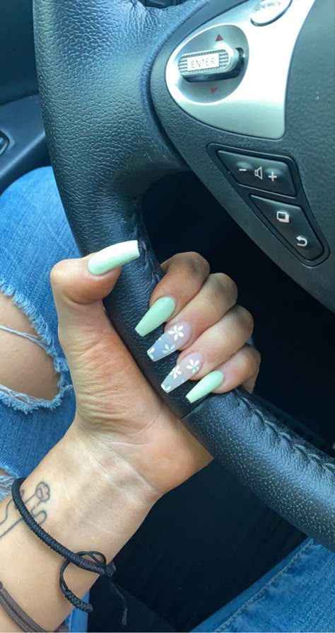 Cute Spring Coffin Nail Ideas, April Nails Acrylic Coffin, March Nails Ideas Coffin, Sage Color Nails Acrylic, Pastel Green Coffin Acrylic Nails, Gel X Nails Pastel, Spring Pastel Nails Coffin, April Nails Coffin, Spring Nails 2023 Coffin Shape