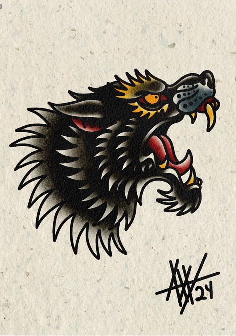 Traditional Wolf Head Traditional Candle Tattoo, Wolf Tattoo Traditional, Traditional Tattoo Animals, Old School Tattoo Sleeve, Traditonal Tattoo, Traditional Tattoo Flash Art, Tattoo Wolf, American Traditional Tattoo Ideas, Traditional Tattoo Ideas