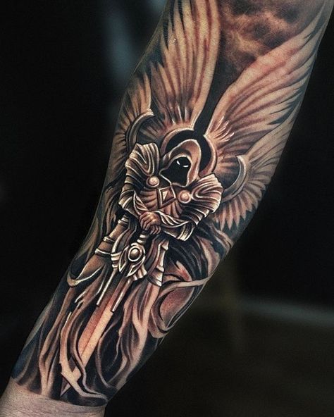 Looking for a unique and meaningful guardian angel tattoo for men? Look no further than InkNookTattoos. We have the perfect design for you! Armored Angel Tattoo, Mens Zeus Tattoo, Knight With Wings Tattoo, Coverup Tattoo Design For Man Arm, Gods Tattoo For Men, Destined For Greatness Tattoo, Archangel Michael Tattoo For Men, Archangel Tattoo Design, Coverup Tattoo Design For Man