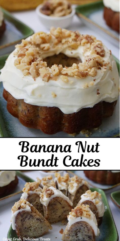 A double photo collage of a mini banana bundt cake with frosting and chopped walnuts. Banana Pudding Bundt Cake Recipes, Banana Bundt Cake Recipes, Banana Nut Bundt Cake, Banana Nut Cake Recipe, Gum Drop Cake, Bunt Cake Recipe, Banana Nut Cake, Banana Cakes, Banana Bundt Cake