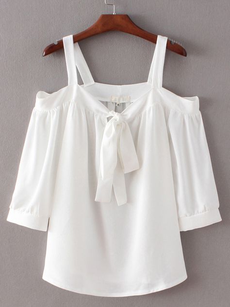 White Tie-neck Bow Open Shoulder Blouse -SheIn(Sheinside) Neck Tie Blouse, White Chiffon Blouse, White Collared Blouse, Kurti Sleeves Design, Open Shoulder Blouse, Neck Bow, Classy Dress Outfits, Tie Neck Blouse, Cute Blouses