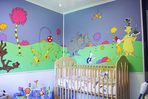 Dr. Seuss Mural Baby Room #Seuss #Nursery Lorax Nursery, Dr Seuss Mural, Dr Seuss Nursery, Book Nursery, Nursery Themes Neutral, Dr. Seuss, Baby Theme, Baby Nursery Themes, The Cat In The Hat