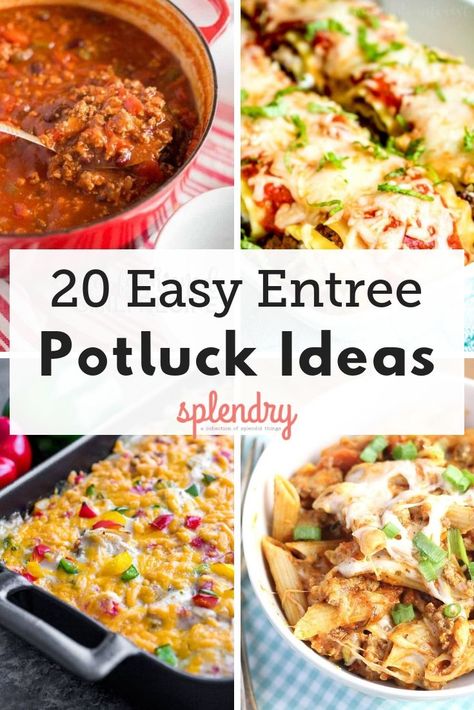 Whether you've got a church potluck to attend, or a holiday party crowd to feed, we've got 20 of the easiest and most delicious entree recipes to try! From slow cooker pastas to yummy casseroles, there's something for everyone! #potluck #recipesforacrowd #feedacrowd #easyrecipes #potluckrecipes #slowcookerrecipes #casserole Large Easy Meals For Party, Good Potluck Ideas, Entree Recipes For A Crowd, Main Potluck Dishes, Potluck Entrees Main Dishes, Large Gathering Dinner Ideas, Team Potluck Ideas, Easy Meat Dishes For A Crowd, Summer Potluck Main Dish