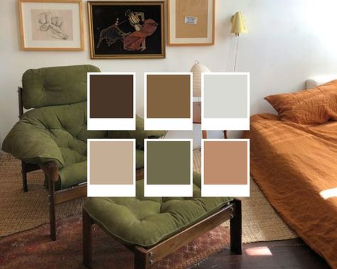 Brown Orange And Green Aesthetic, Green Brown Aesthetic Living Room, Brown Green Orange Living Room, Green Brown Office, Green Orange Color Palette Living Room, Orange Brown Room, Green Brown Interior Design, Olive Living Room Color Scheme, Brown Green Living Room Ideas