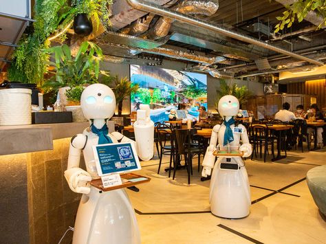 Robot Cafe Tokyo, Japan Robot Restaurant, Tokyo Technology, Robotic Restaurant, Tokyo Moodboard, Japan Presentation, Robotics Aesthetic, Coffee Shop Japan, Robot Restaurant Tokyo