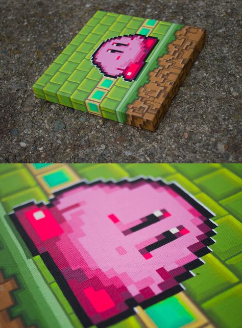 Mario Bros Painting Canvas, Acrylic Painting Pixel Art, Kirby Painting Canvas, Nintendo Painting, Kirby Painting, Game Painting, Paper Mache Crafts, Cute Canvas Paintings, Architecture Drawing Art