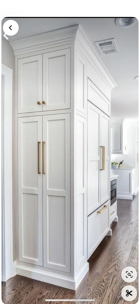 Long Wall Of Cabinets, Linen Cabinets Kitchen, Shallow Cabinets In Kitchen, Tall Cabinets Kitchen, Built In Pantry Cabinet Wall, Kitchen 2025, Shallow Cabinets, Tall Kitchen Cabinets, Floor To Ceiling Cabinets