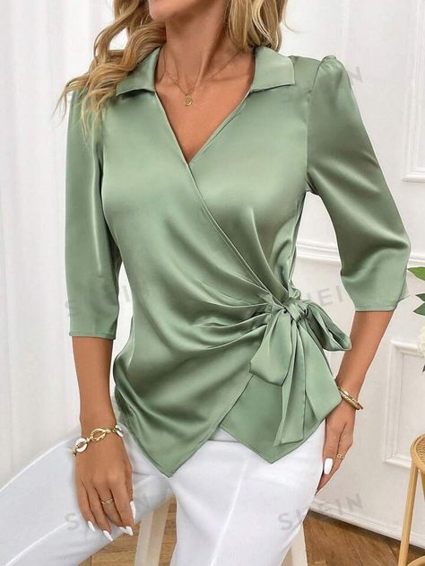 SHEIN Clasi Ladies' Solid Color Wrap-Around Belted Shirt For Spring/Summer | SHEIN USA Soiree Outfit, Wedding Gown Accessories, Satin Shirts, Blouse Casual Fashion, Fashion Top Outfits, Elegant Blouses, Plus Size Blouses, Blouse Styles, Fashion Sewing