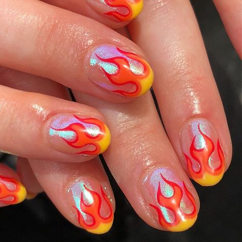 Nails by @anouskaanastasia 🔥🔥🔥 Flames are one of our most popular designs at the mo! It takes 1.15 hours for flames with clear glitter base… Nail Art Fire, Men Nails, Flame Nail Art, Nail Design Glitter, Sister Crafts, Mens Nails, Nagellack Trends, Fantasy Nails, Subtle Nails