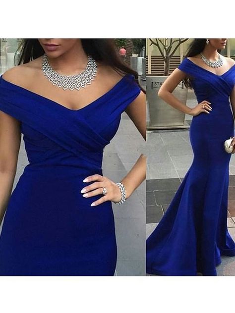 Off-The-Shoulder Sleeveless Sweep/Brush Train With Ruched Dresses - Prom Dresses Blue Satin Prom Dress, Royal Blue Evening Dress, Mermaid Long Bridesmaid Dresses, Blue Evening Gowns, Prom Dresses 2018, Royal Blue Prom Dresses, Affordable Prom Dresses, Satin Prom Dress, Prom Dresses Blue