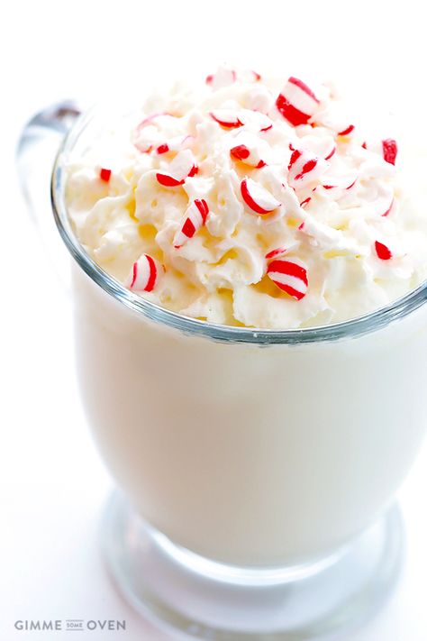 Peppermint White Hot Chocolate | gimmesomeoven.com Peppermint White Hot Chocolate, White Hot Chocolate Recipe, Peppermint White, White Hot Chocolate, Gimme Some Oven, Homemade Hot Chocolate, Chocolate Caliente, Winter Drinks, Hot Chocolate Recipes