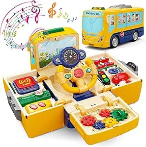 HONGTUO School Bus Toy with Sound and Light Simulation Steering Wheel Driving Toy Toddlers School Bus Toys with Music Education Knowledge Simulate school scenes Gift for 3-5 Boys & Girls Toy School Bus, Miniature School, Car Seat Toys, Toddler School, Sound And Light, Kids Gift Guide, Gifted Education, Music Education, School Bus