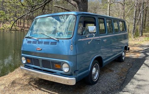 This 1967 Chevrolet G10 Van is a nicely preserved driver with a 283 under the hood and one previous repsray. #Chevrolet G10 Van, Road Trip Car, Chevy Van, Classic Vans, Camper Conversion, Gm Trucks, Barn Finds, Camper Van, Van Life