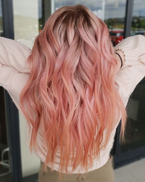 Peach Colored Hair, Peachy Hair Color, Peachy Pink Hair, Salmon Hair, Peach Hair Dye, Strawberry Hair Color, Female Haircut, Longer Layers, Coral Hair