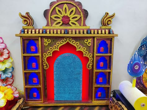 Ganpati Decoration Ideas Thermocol, Ganpati Art, Ganesha Decoration, Ganesh Decoration, Cardboard Crafts Decoration, Ganpati Decoration Theme, Ganpati Decor, Styrofoam Art, Saraswati Puja