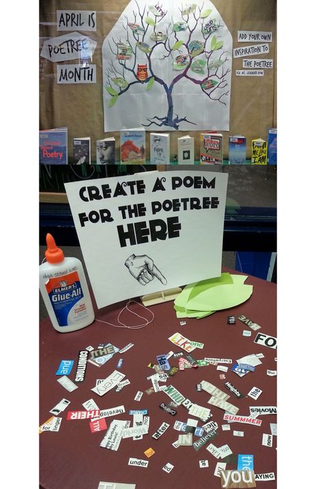 Cute idea for poetry lessons Month Ideas, School Library Displays, Library Bulletin Board, Teen Library, Library Media Specialist, Middle School Libraries, School Libraries, Library Book Displays, Elementary School Library