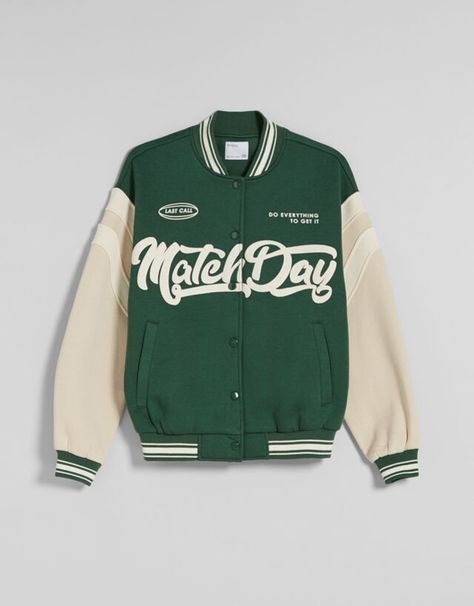 Outfit Ideaa, Baseball Jacket Outfit, Bershka Jacket, Varsity Jacket Outfit, School Shirt Designs, Cotton Jackets Women, Varsity Jacket Men, Wardrobe Outfits, Cotton Jacket