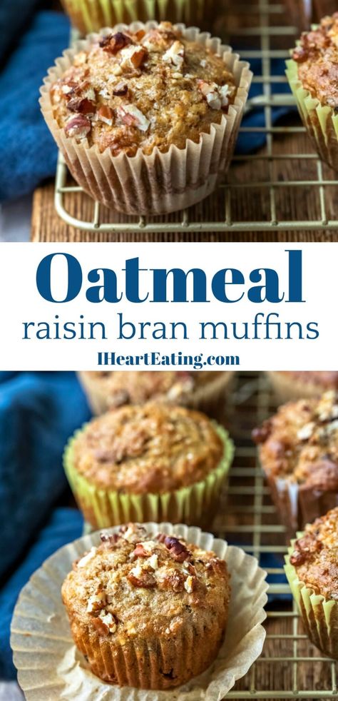 Oatmeal Raisin Bran Muffins - soft oatmeal raisin bran muffins made with healthy ingredients like apples and cranberries. Healthy make-ahead breakfast that freezes well. Oatmeal Bran Muffins Healthy, Muffins Using Raisin Bran Cereal, Oat Raisin Muffins, Bran Apple Muffins, Raisin Bran Cereal Recipes, Raisen Bran Muffins Recipes, Healthy Raisin Bran Muffins, Oatmeal Raisin Muffins Moist, Bran Recipes Healthy