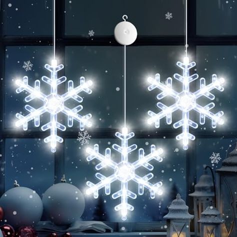 LYUBASA 3Pcs Christmas Window Lights Decorations, Battery Powered Christmas Window Hanging White Lighted Snowflake Shaped LED Sucker Lamp Window Indoor Outdoor Decor Window Silhouette, Fireplace Windows, Window Lights, Christmas Window Lights, Lights Decorations, Christmas Window Decorations, Indoor String Lights, Minimalist Lighting, Snowflake Decorations