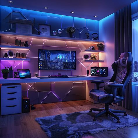 Gaming Room Setup Ideas, Cool Gaming Rooms, Gamer Room Design, Room Setup Ideas, Teenager Bedroom Design, Game Room Ideas, Home Recording Studio Setup, Gamer Bedroom, Small Game Rooms