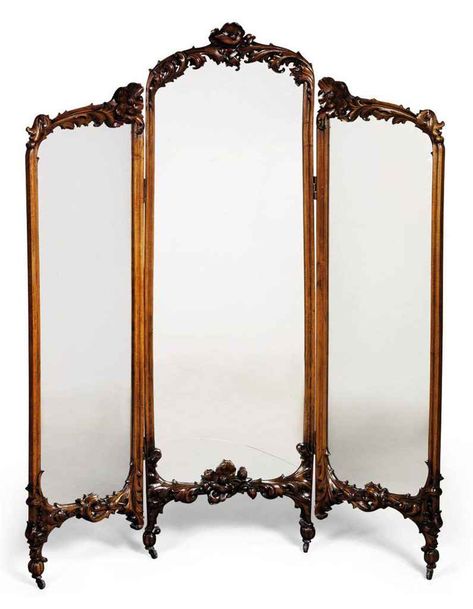 A CARVED WALNUT THREE-FOLD DRESSING MIRROR | CIRCA 1890 | Furniture & Lighting, mirrors | Christie's Three Fold Mirror, 3 Fold Mirror, 1890 Furniture, Tri Fold Mirror, Deluxe Apartment, Destination Wedding Decor, Trifold Mirror, Three Fold, Ornate Mirror