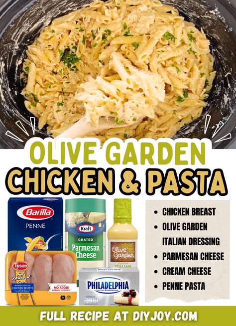 5-Ingredient Olive Garden Crockpot Chicken & Pasta Recipe Olive Garden Crockpot Chicken, Olive Garden Crockpot, Crockpot Chicken Pasta, Chicken Recipes With Cream Cheese, Olive Garden Pasta, Olive Garden Chicken, Crockpot Pasta Recipes, Crockpot Pasta, Chicken And Pasta