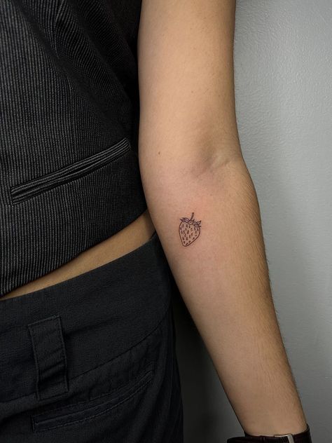 Find line strawberry tattoo done by tai Micro Strawberry Tattoo, Strawberry Small Tattoo, Find Line Tattoo Ideas, Strawberry Postage Stamp Tattoo, Heart Strawberry Tattoo, Strawberry Tattoo Outline, Strawberry Fields Forever Tattoo, Strawberry Tattoo Simple, Tiny Strawberry Tattoo