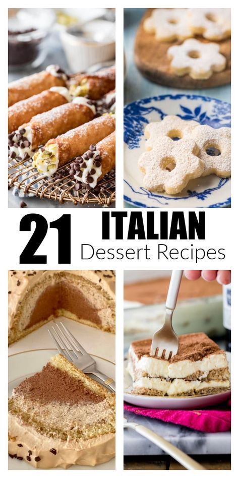 List of 21 Italian dessert recipes. Everything from tiramisu, panna cotta, cannoli, and so much more. These Italian dessert recipes are simple and so delicious. Italian Potluck Dessert, Italian Party Desserts, Easy Italian Desserts 3 Ingredients, Fall Italian Desserts, Easy Italian Dessert Recipes, Italian Dessert Recipes Easy, Tiramisu Cannoli, Cannoli Recipe Easy, Pizza And Coffee