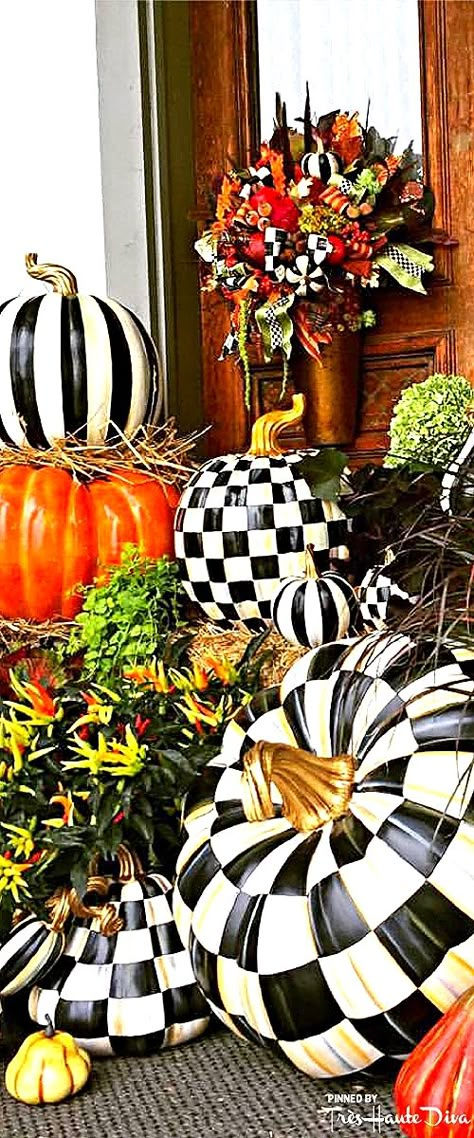 MacKenzieChildsP95                                                                                                                                                                                 More Pumpkin Centerpieces Diy, Fall Pumpkin Centerpieces, Pumpkins And Gourds, Mckenzie And Childs, Mackenzie Childs Inspired, Pumpkin Topiary, Diy Halloween Decor, Pumpkin Centerpieces, Autumn Decorating