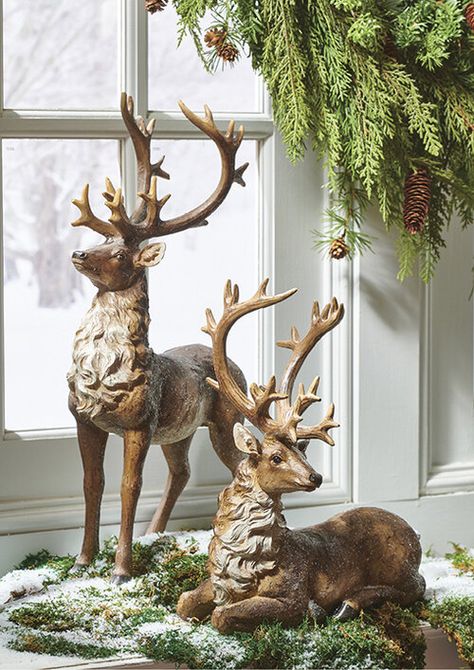 Brass Deer Christmas Decor, Christmas Decor With Deer, Decorating With Reindeer For Christmas, Christmas Decor With Antlers, Reindeer Table Centerpieces, Deer Decorations Christmas, Reindeer Centerpieces Table Decorations, Christmas Forest Decor, Winter Forest Christmas Decor