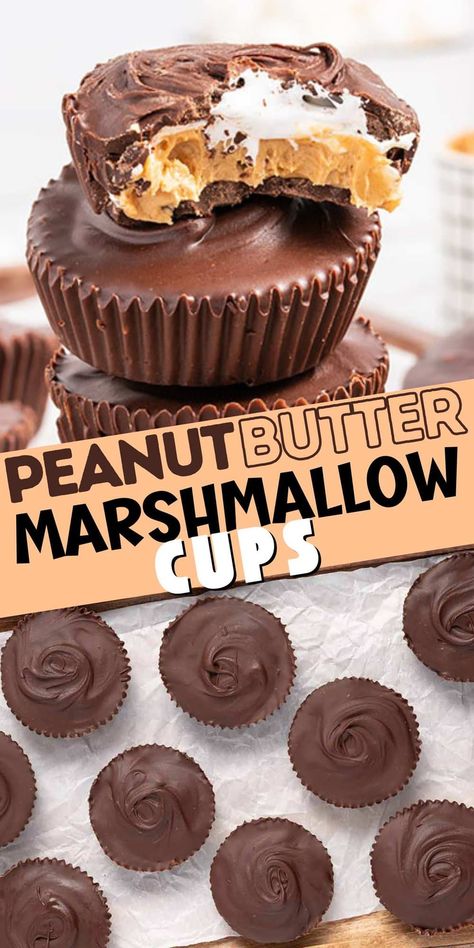 Homemade Mallow Cups, Deserts With Reeses Peanut Butter Cups, Peanut Butter Marshmallow Cups, Recipes With Marshmallow Fluff, Marshmallow Christmas Treats, Reeses Dessert, Marshmallow Treats Recipe, Almond Peanut Butter, Marshmallow Cups