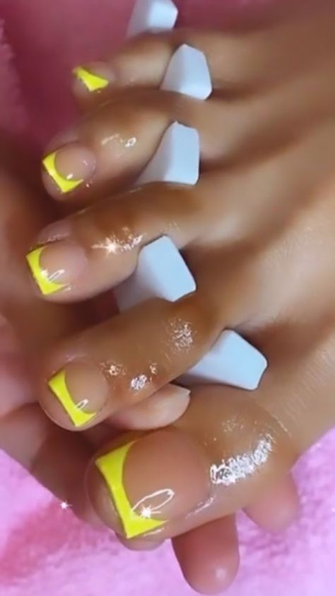 Orange French Tip Toes, Red French Tip Toe Nails, Pink Acrylic Toe Nails, Yellow Toe Nail Designs, Acrylic Toes Black Women, Acrylic Toes Ideas, Cute Acrylic Toes, Toes Ideas, Yellow Acrylic Nails