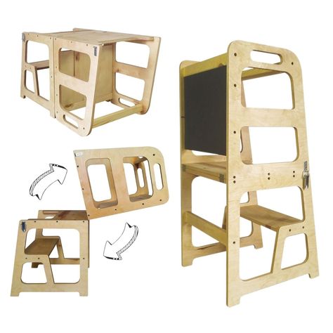 Safe foldable wooden Learning Tower with table and chair for children 2in1 Learning Tower Diy, Montessori Tower, Toddler Tower, Workshop Projects, Toddler Climbing, Kitchen Step Stool, Kitchen Safety, Children Education, Learning Tower