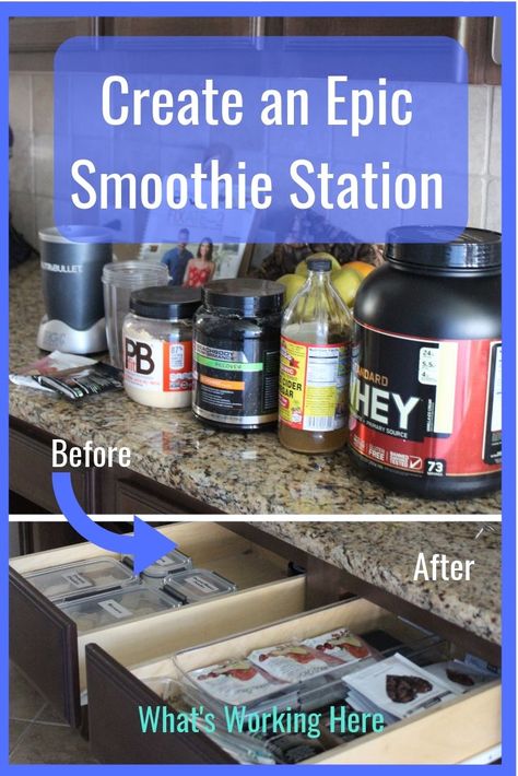 Lugging everything out of the pantry every morning to make smoothies was starting to become a pain in the rear. I knew there had to be a better way. That’s how I came up with my EPIC Smoothie Station. See how easy it is to create your own smoothie station and save precious time every morning.  #smoothie #organization Kitchen Smoothie Station, Protein Shake Storage Ideas, Protein Shake Station At Home, Smoothie Storage Ideas, Countertop Smoothie Station, Supplement Station Kitchen, Smoothie Station Ideas, Smoothie Bar Home Ideas, Shake Station Kitchen