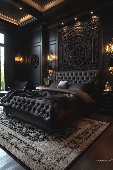 Black Bedroom Ideas for a Modern and Cozy Space - Puqqu Dark Cozy Bedroom, Dark Blue Bedrooms, Gothic Bedroom, Sage Green Bedroom, Dark Bedroom, Modern Luxury Bedroom, Relaxing Bedroom, Black Bedroom, Vintage Bedroom