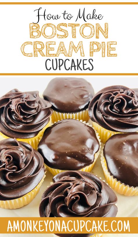 Boston Creme Pie Cupcakes, Boston Cream Cupcakes Recipe, Cream Pie Cupcakes, Boston Cream Pie Recipe, Creme Cupcake, Boston Cream Cupcakes, Boston Cream Pie Cupcakes, Cream Filled Cupcakes, Yellow Cake Mix Recipes