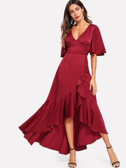 Shop Plunging Neck Flutter Sleeve Wrap Ruffle Hem Dress online. SheIn offers Plunging Neck Flutter Sleeve Wrap Ruffle Hem Dress & more to fit your fashionable needs. Spanish Dress Casual, Spanish Dresses, Ikkat Dresses, Spanish Dress, Dresses For Pregnant Women, Simple Gowns, Ruffle Wrap Dress, Practice Wear, Plunging Neck